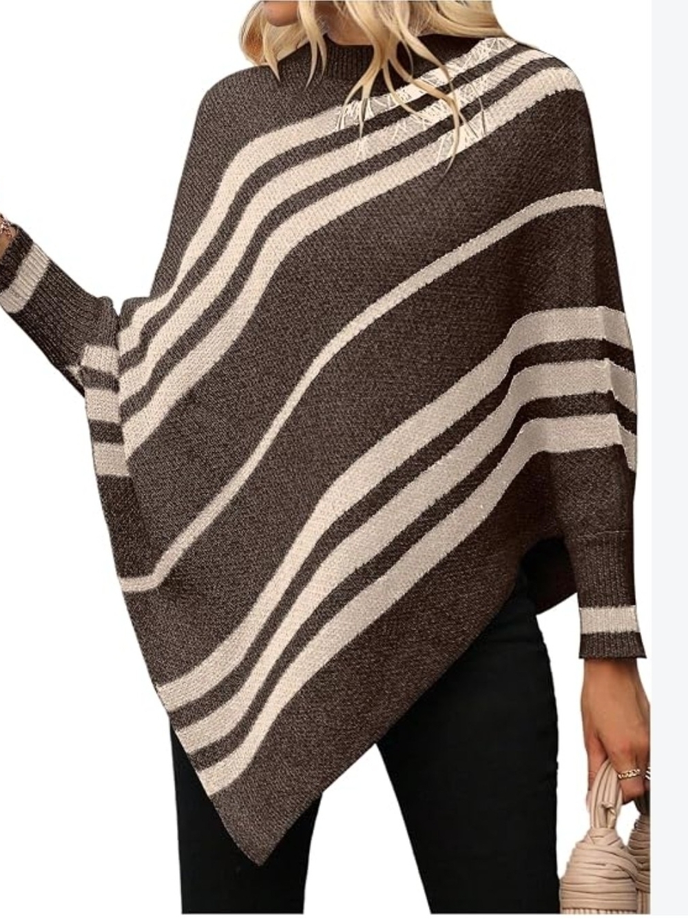 Women's Brown/Beige Striped Knit Poncho Pullover Sweater Crew Neck 3/4 M